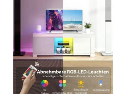 Mueble TV blanco, 2 puertas, estante de cristal, iluminación LED y pasacables, para salón, 120 x 34 x 45 cm
