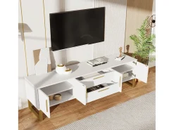 Mueble TV brillo con 4 puertas y 2 cajones, madera MDF, tiradores y patas dorados, estilo moderno, color blanco