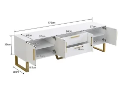 Mueble TV brillo con 4 puertas y 2 cajones, madera MDF, tiradores y patas dorados, estilo moderno, color blanco