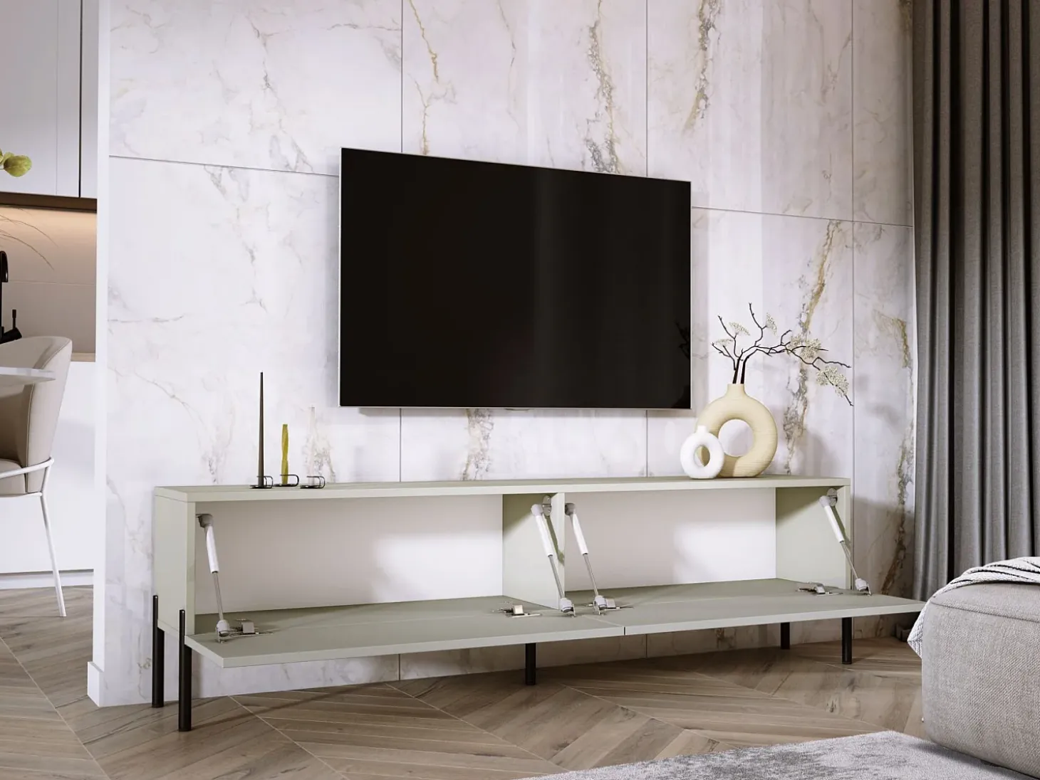 Mueble TV: Cashmere, patas negras, 170 x 52 x 32 cm