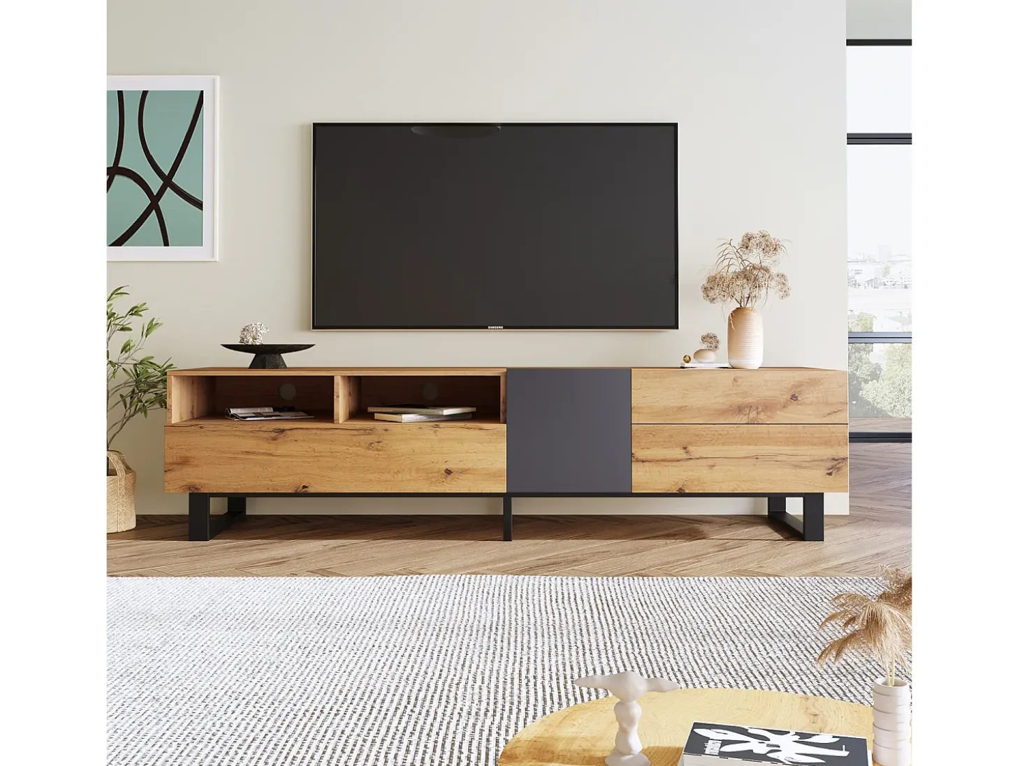 Mueble TV 180cm - 2 cajones y 5 compartimentos - estilo industrial - Natural