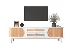 Mueble TV con 2 cajones y 2 puertas correderas, tablero de partículas, efecto ratán, blanco y natural