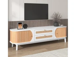 Mueble TV con 2 cajones y 2 puertas correderas, tablero de partículas, efecto ratán, blanco y natural