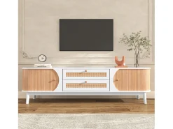 Mueble TV con 2 cajones y 2 puertas correderas, tablero de partículas, efecto ratán, blanco y natural