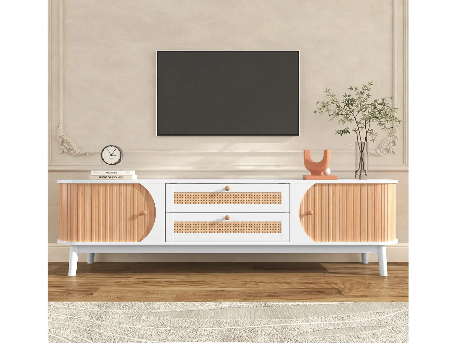 Mueble TV con 2 cajones y 2 puertas correderas, tablero de partículas, efecto ratán, blanco y natural
