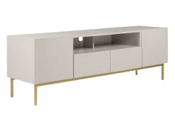 Mueble TV con 2 puertas, 2 cajones y 2 estantes de MDF y acero - Beige y dorado - EVILANA