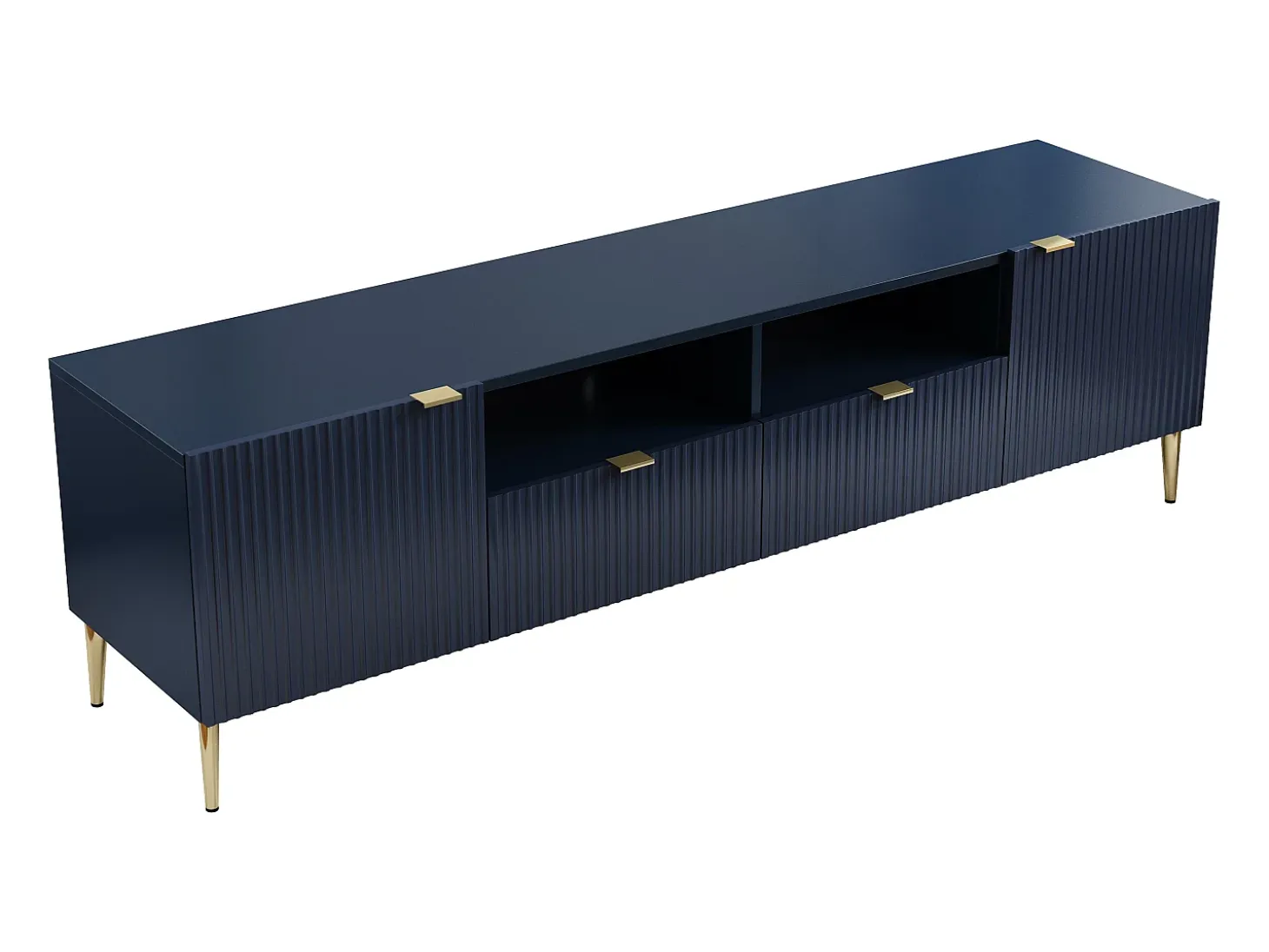 Mueble TV con 2 puertas, 2 cajones y 2 estantes de MDF y acero - Azul y dorado - YESINIA