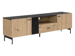 Mueble TV con 2 puertas, 1 cajón y 1 estante - Natural y efecto mármol negro - LIOMENA