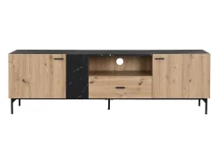 Mueble TV con 2 puertas, 1 cajón y 1 estante - Natural y efecto mármol negro - LIOMENA