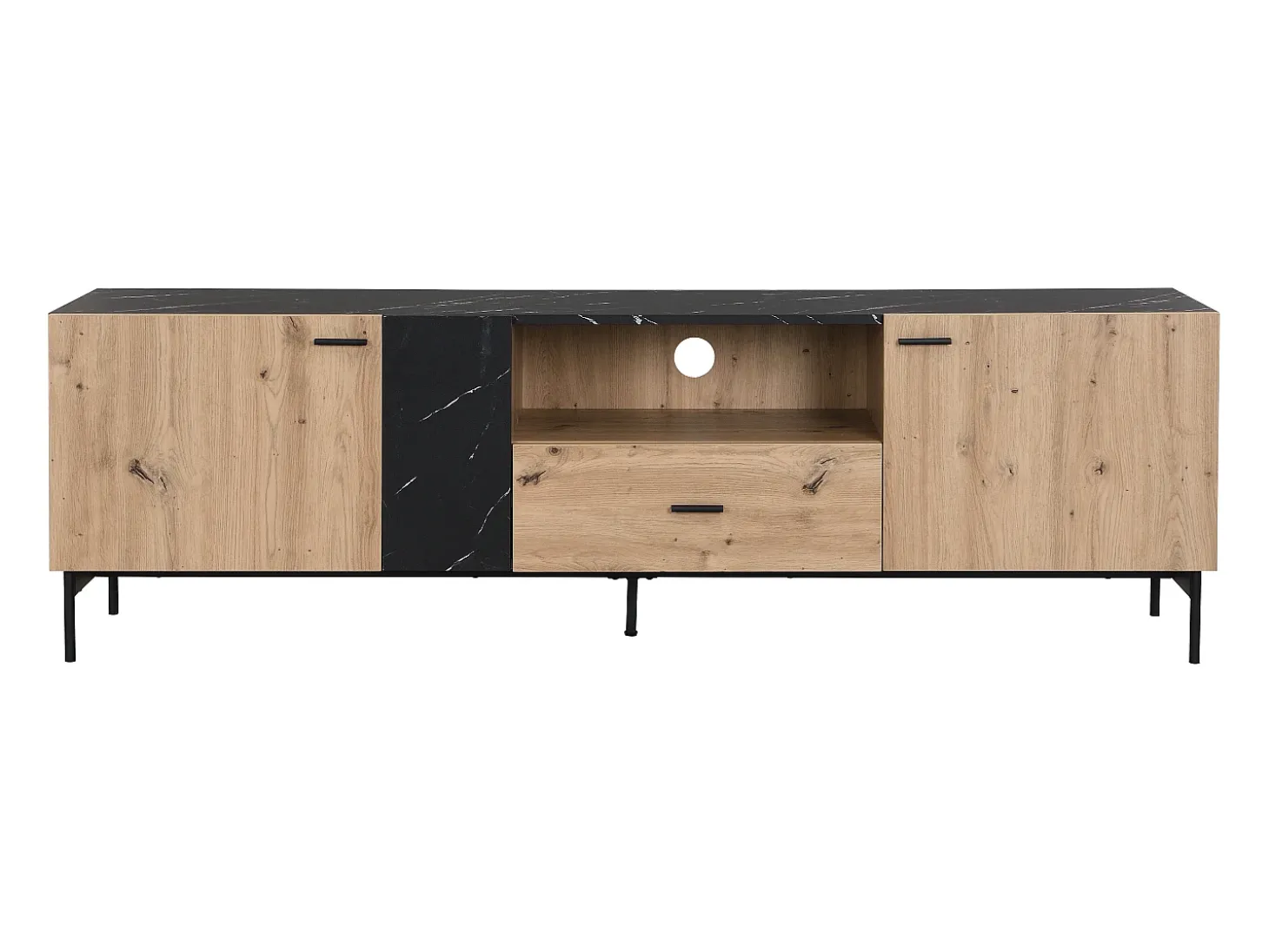 Mueble TV con 2 puertas, 1 cajón y 1 estante - Natural y efecto mármol negro - LIOMENA