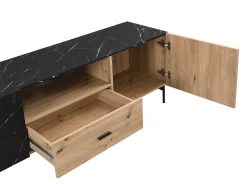 Mueble TV con 2 puertas, 1 cajón y 1 estante - Natural y efecto mármol negro - LIOMENA