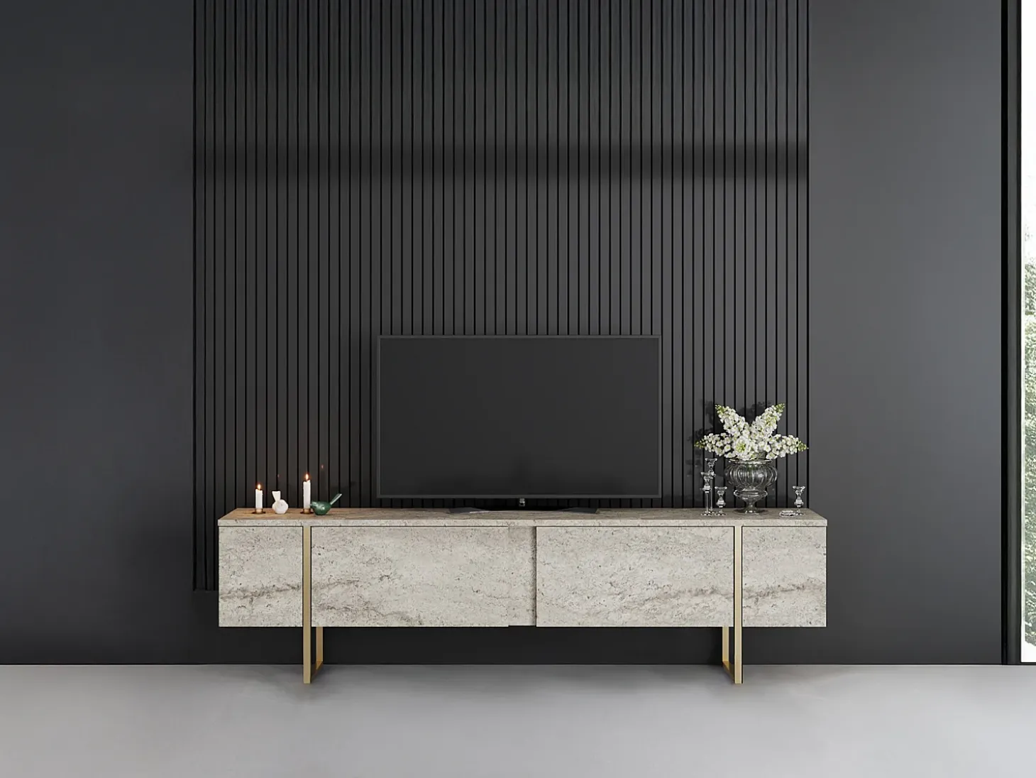 Mueble TV con 2 puertas - Efecto travertino beige y dorado - ZIRELDA