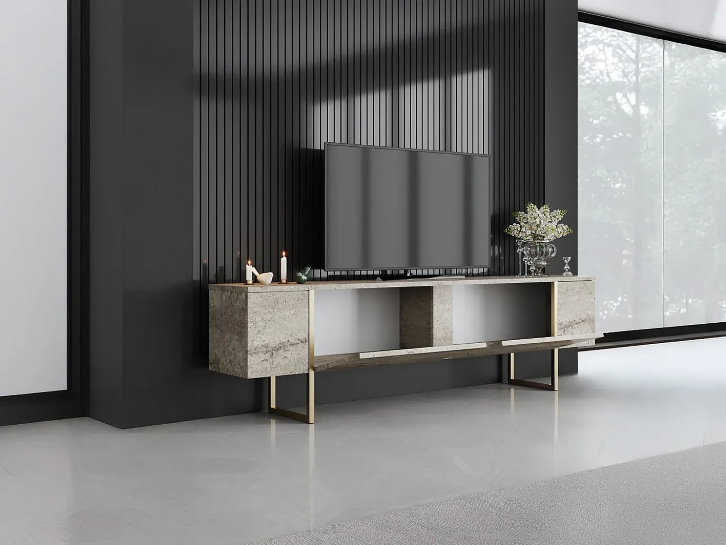 Mueble TV con 2 puertas - Efecto travertino beige y dorado - ZIRELDA
