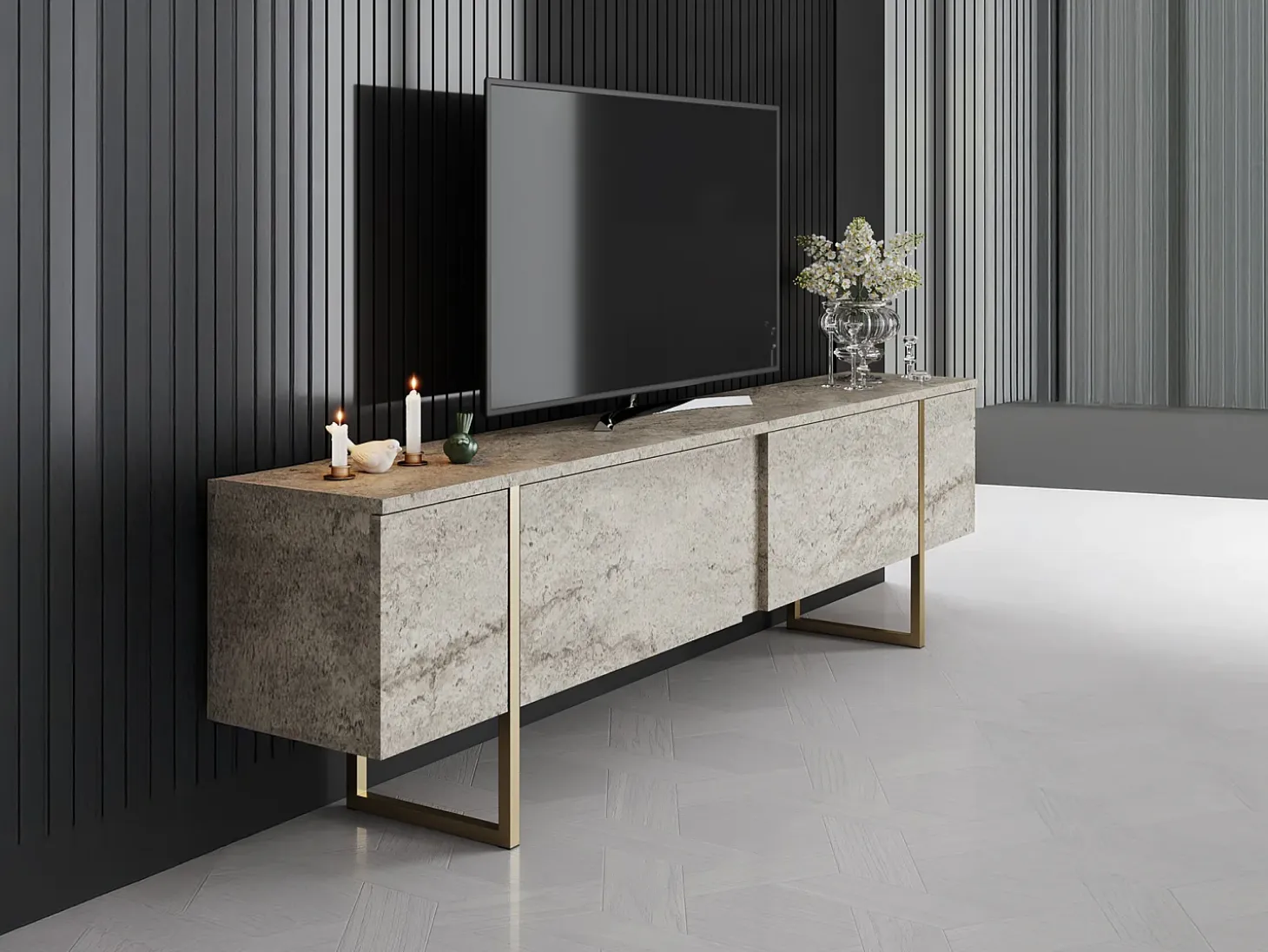 Mueble TV con 2 puertas - Efecto travertino beige y dorado - ZIRELDA