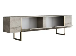 Mueble TV con 2 puertas - Efecto travertino beige y dorado - ZIRELDA