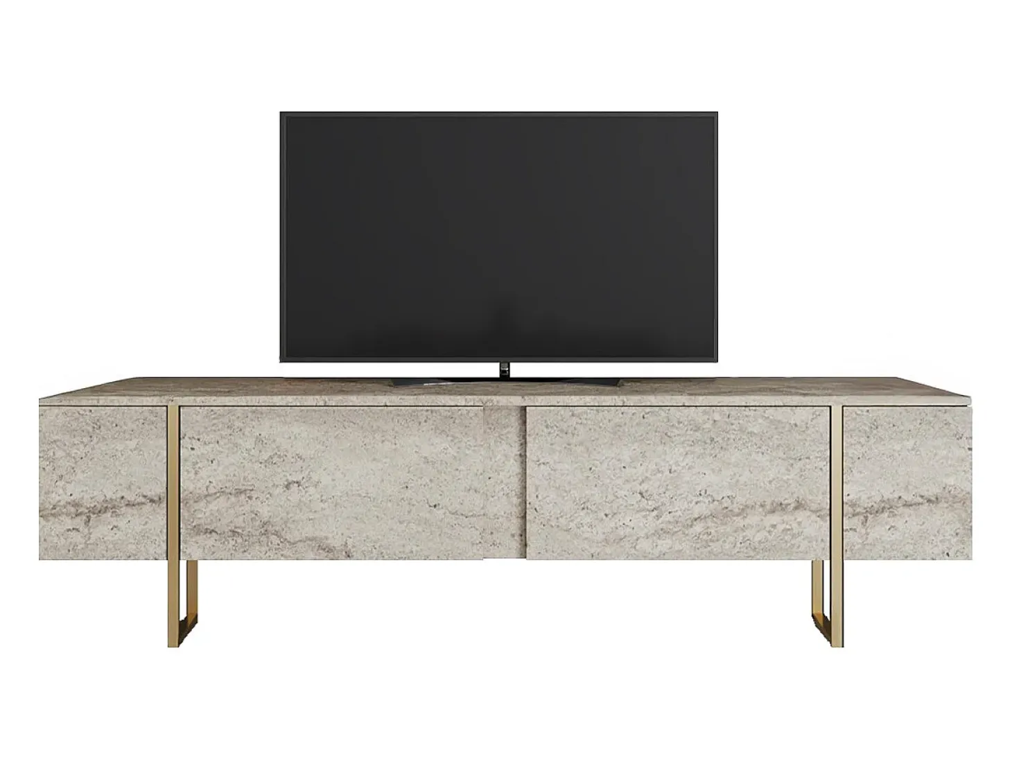 Mueble TV con 2 puertas - Efecto travertino beige y dorado - ZIRELDA