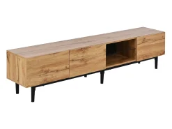 Mueble TV con 3 puertas, 2 nichos y LED, cuerpo en madera veteada natural clara, patas negras