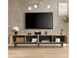 Mueble TV con 3 puertas, 2 nichos y LED, cuerpo en madera veteada natural clara, patas negras
