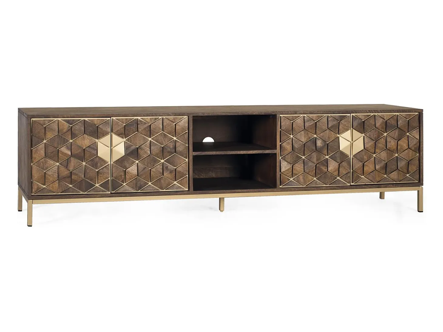Mueble tv con 4 puertas de madera de mango y base de metal