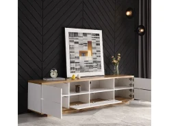 Mueble TV con 6 puertas y 2 nichos en MDF - Blanco y natural - 180x38x46cm
