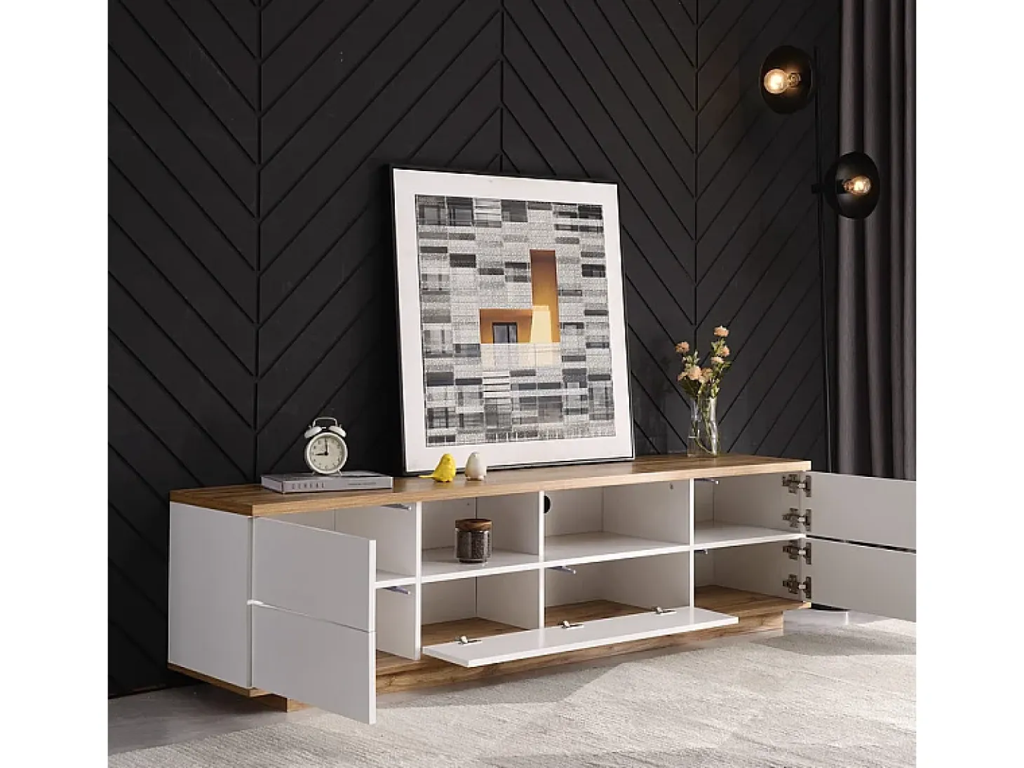 Mueble TV con 6 puertas y 2 nichos en MDF - Blanco y natural - 180x38x46cm