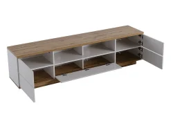 Mueble TV con 6 puertas y 2 nichos en MDF - Blanco y natural - 180x38x46cm