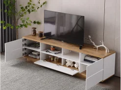 Mueble TV con 6 puertas y 2 nichos en MDF - Blanco y natural - 180x38x46cm