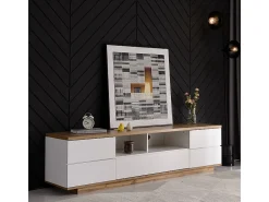 Mueble TV con 6 puertas y 2 nichos en MDF - Blanco y natural - 180x38x46cm