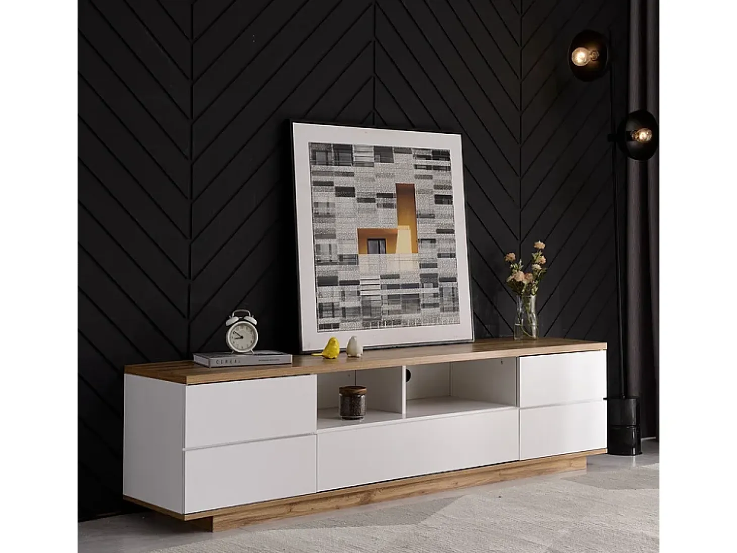 Mueble TV con 6 puertas y 2 nichos en MDF - Blanco y natural - 180x38x46cm