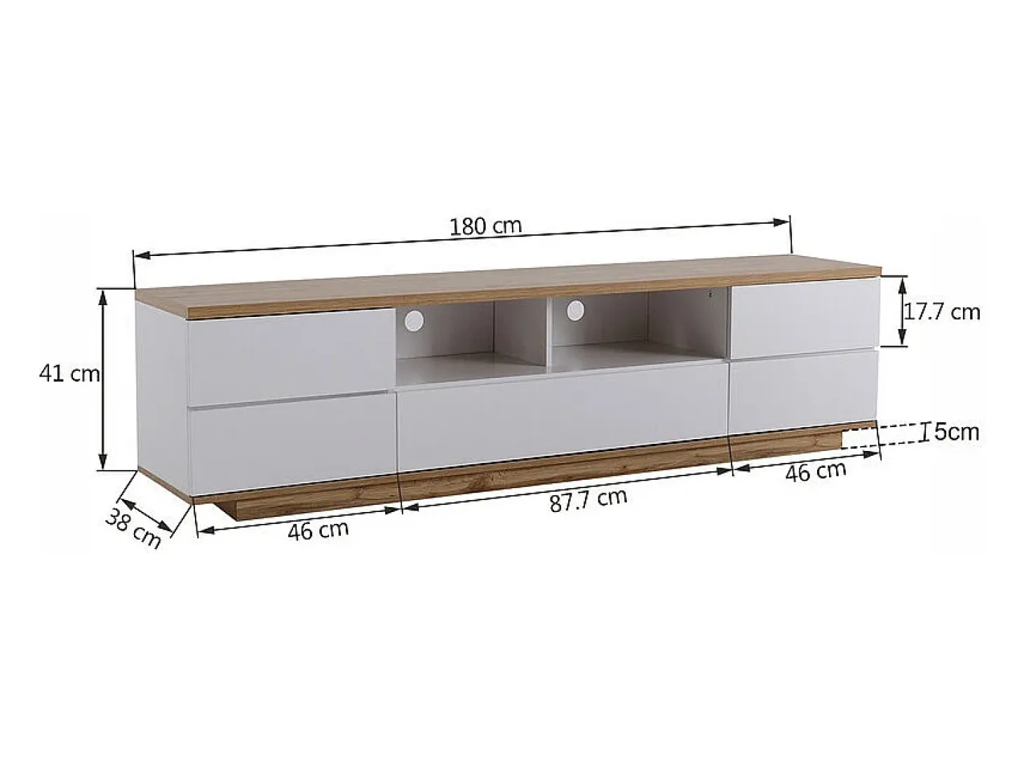 Mueble TV con 6 puertas y 2 nichos en MDF - Blanco y natural - 180x38x46cm