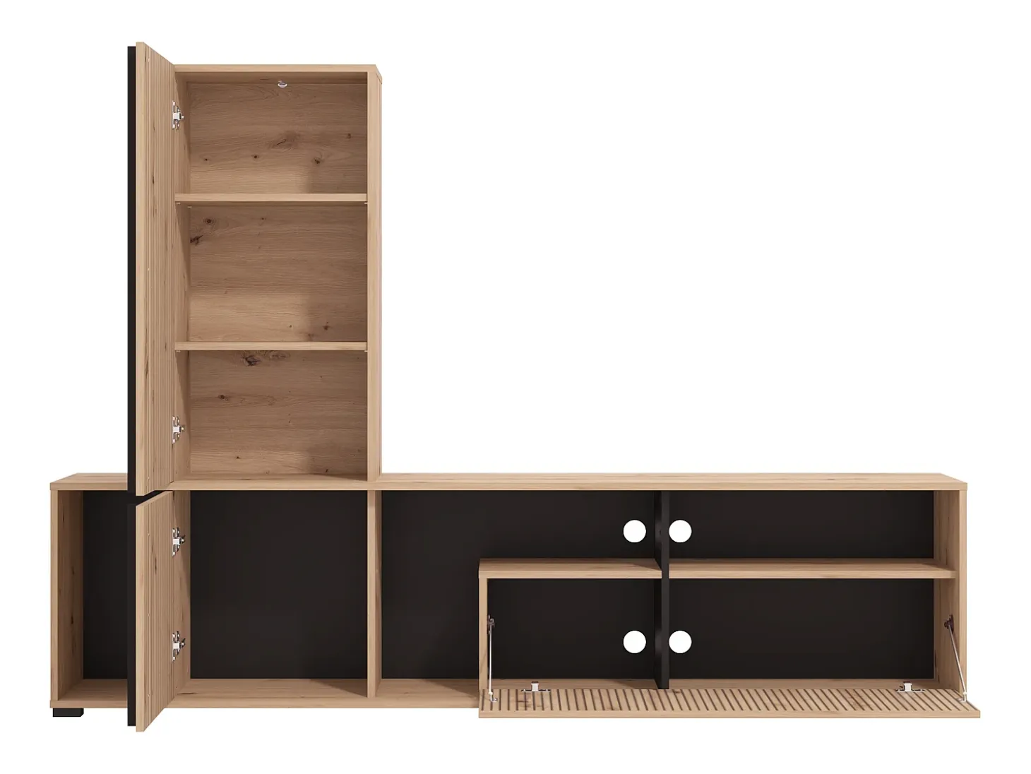 Mueble TV con 3 puertas y 3 estantes - Natural claro y negro - BELUTZY