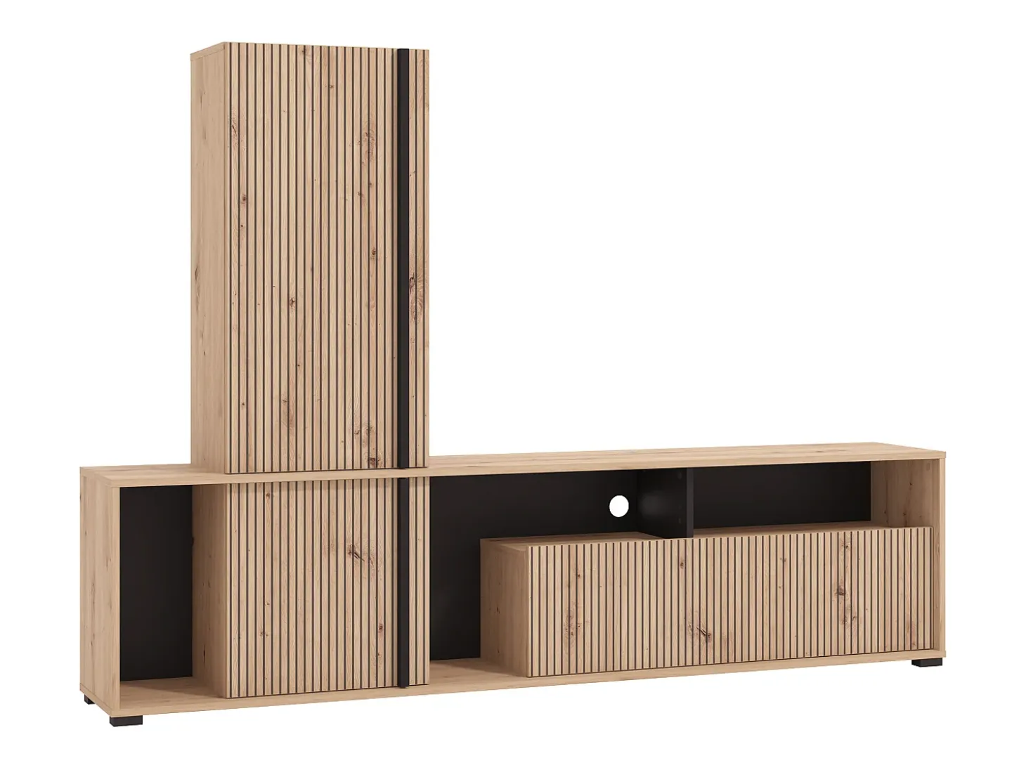 Mueble TV con 3 puertas y 3 estantes - Natural claro y negro - BELUTZY