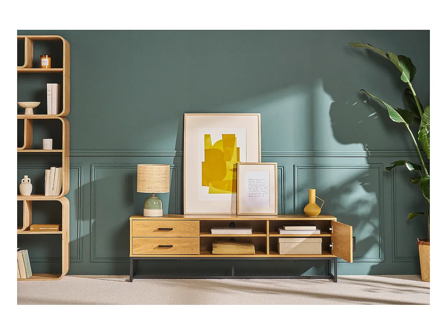 Mueble TV con acabado de roble claro y metal negro 160 cm LOVATO