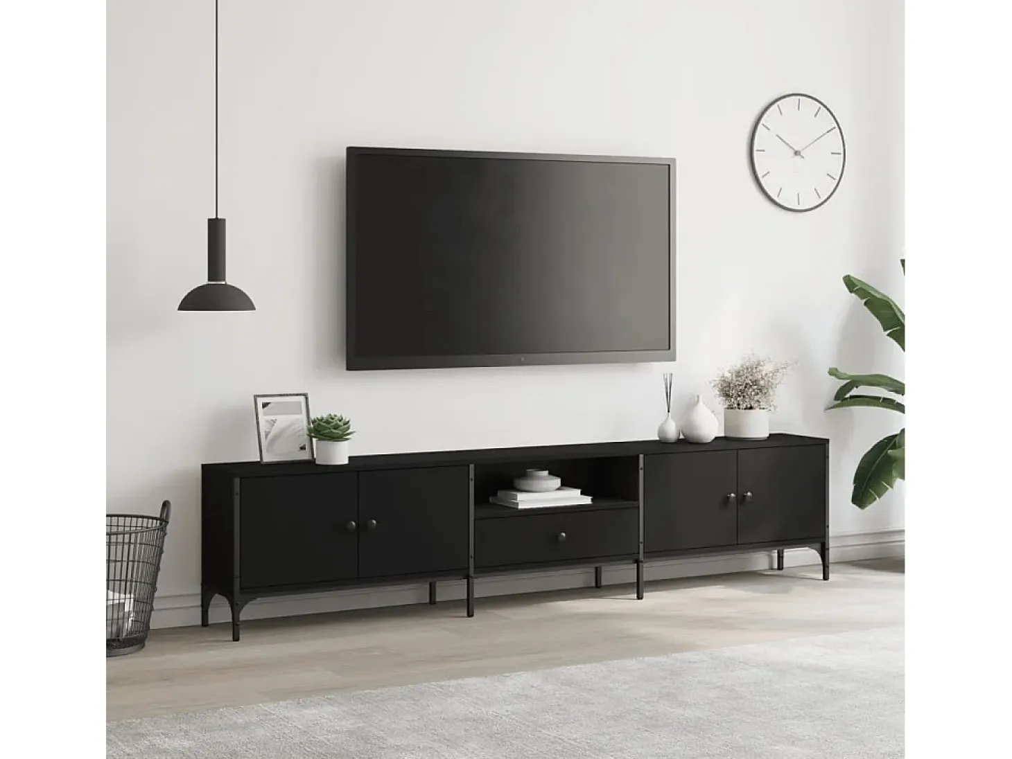 Mueble TV con cajón madera de ingeniería negro 200x25x44 cm YOE91044