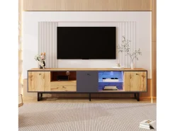 Mueble TV con iluminación LED, 3 puertas y cajón - Patas de metal - Natural claro y gris