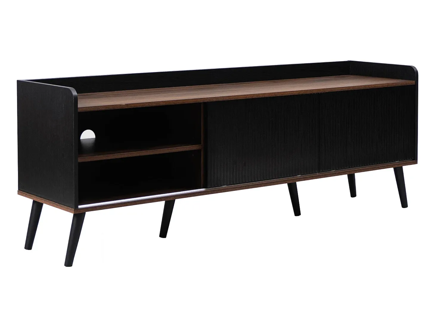Mueble TV de 160 cm con 2 cajones y 2 puertas correderas - Negro y Natural
