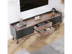 Mueble TV de 160 cm con 2 cajones y 2 puertas correderas - Negro y Natural