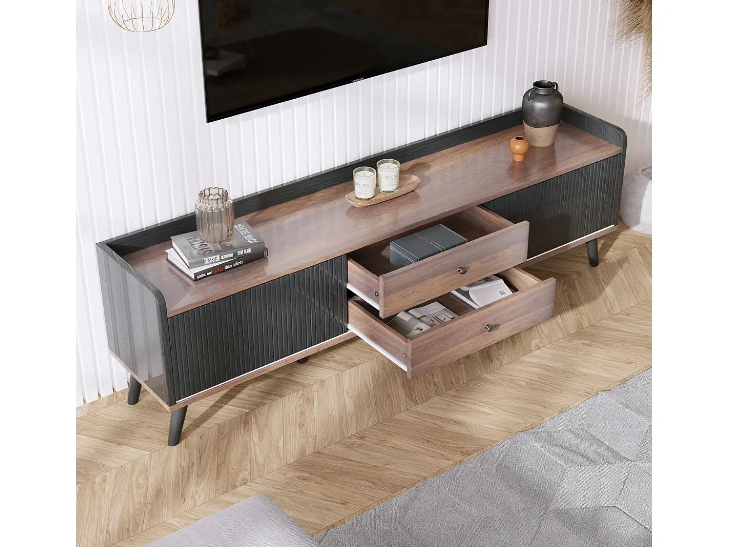 Mueble TV de 160 cm con 2 cajones y 2 puertas correderas - Negro y Natural