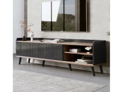 Mueble TV de 160 cm con 2 cajones y 2 puertas correderas - Negro y Natural