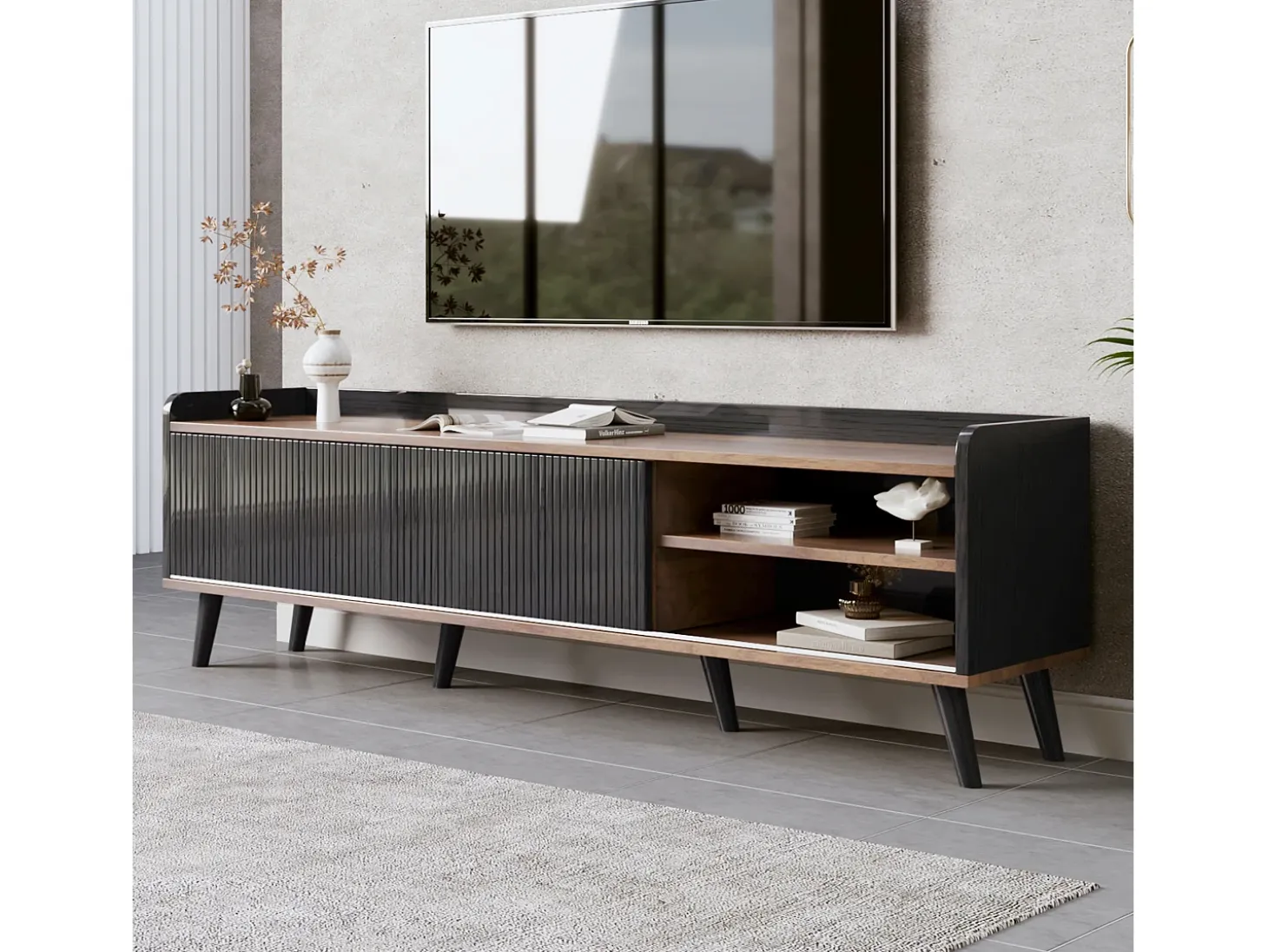 Mueble TV de 160 cm con 2 cajones y 2 puertas correderas - Negro y Natural