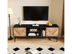 Mueble TV de 150 cm con 2 puertas y 3 compartimentos - Tablero de partículas y metal - Color negro y natural