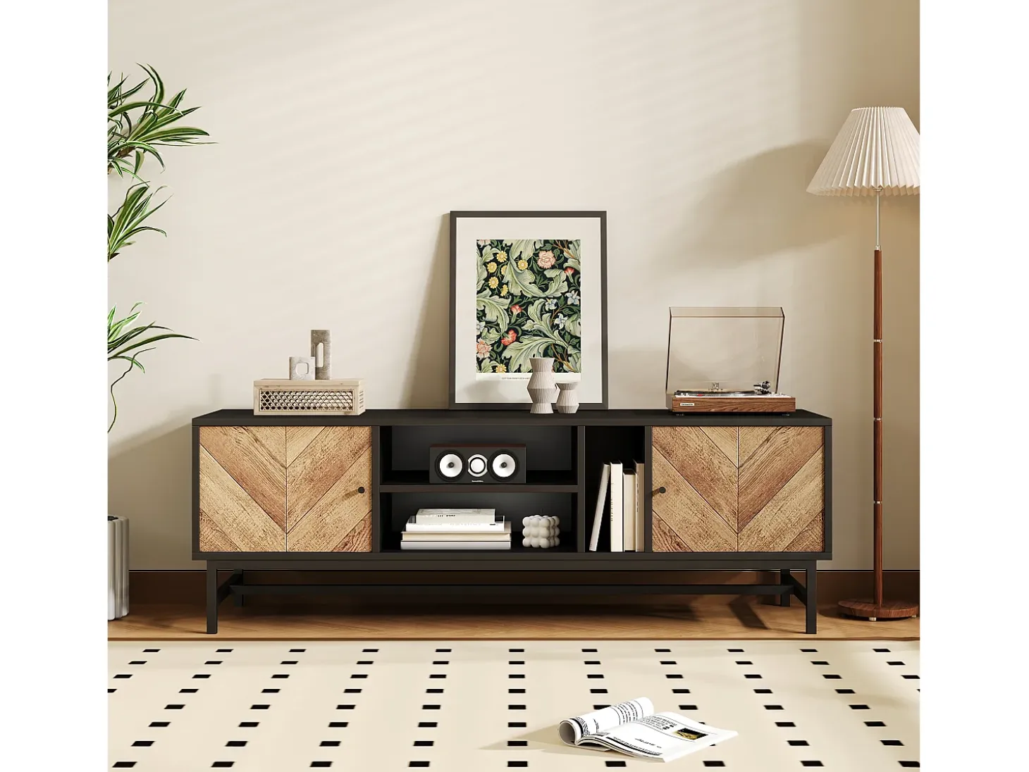 Mueble TV de 150 cm con 2 puertas y 3 compartimentos - Tablero de partículas y metal - Color negro y natural