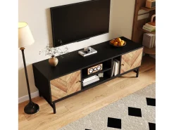 Mueble TV de 150 cm con 2 puertas y 3 compartimentos - Tablero de partículas y metal - Color negro y natural