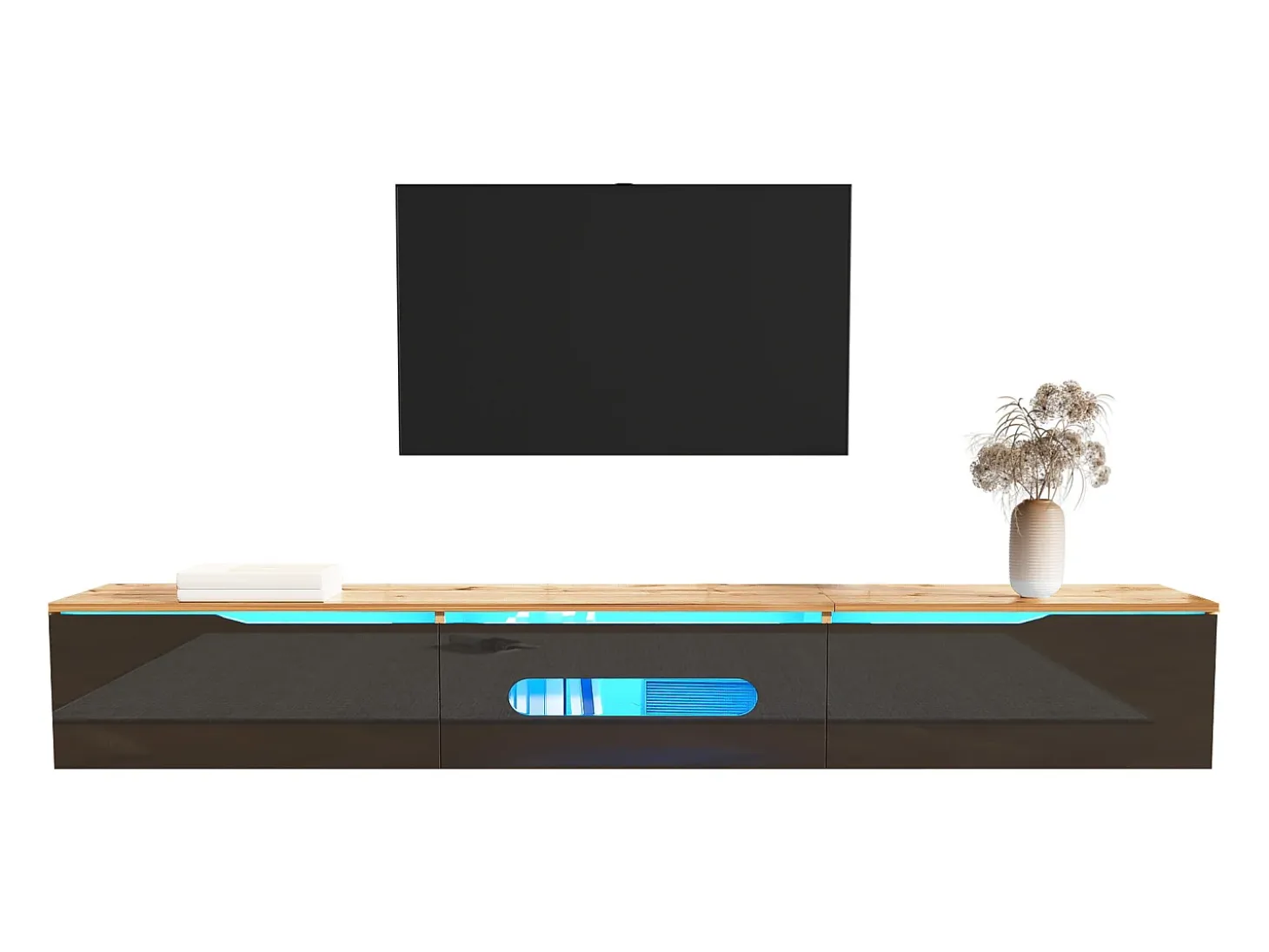 Mueble TV de pared con 3 puertas - 180 x 35 x 30 cm - LED - MDF y tablero de partículas - Negro natural y brillo