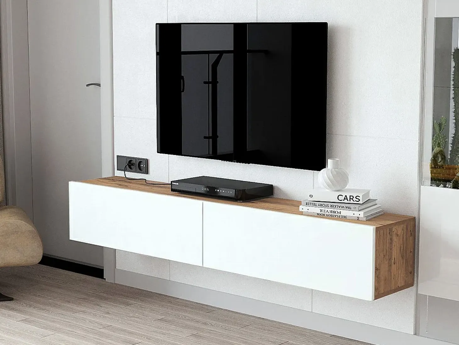 Mueble TV de pared con 2 puertas - Blanco y natural - AUBEPINA