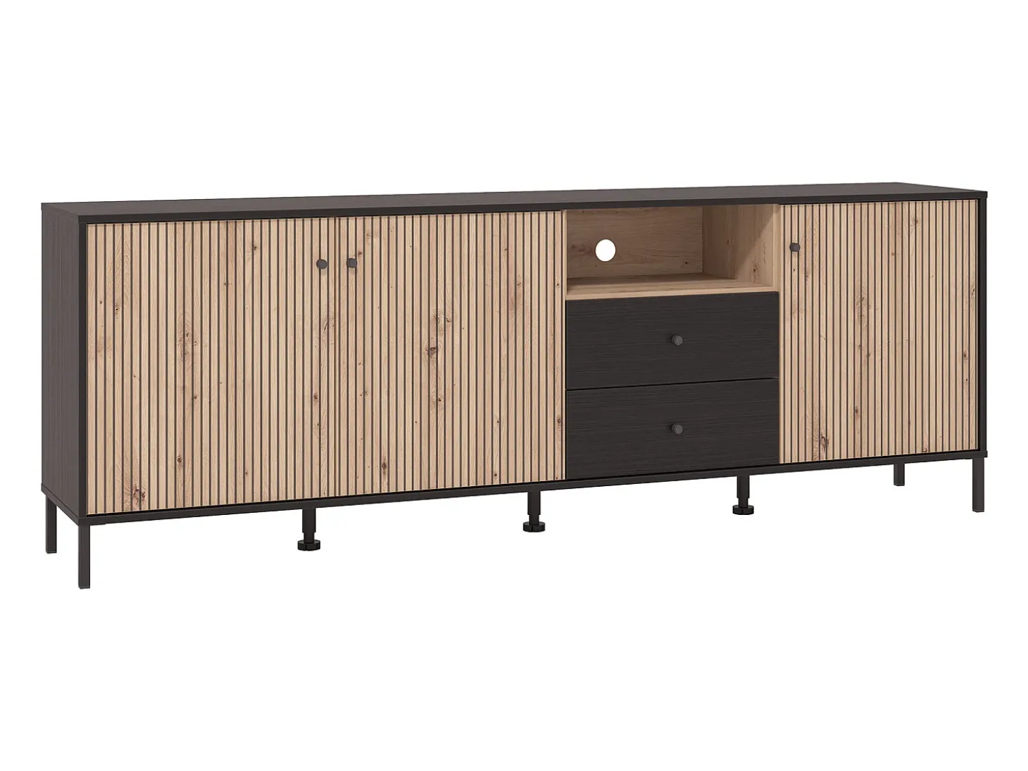 Mueble TV de 74x208x40 cm melamina y frentes alistonados color ébano y roble artisan Tania