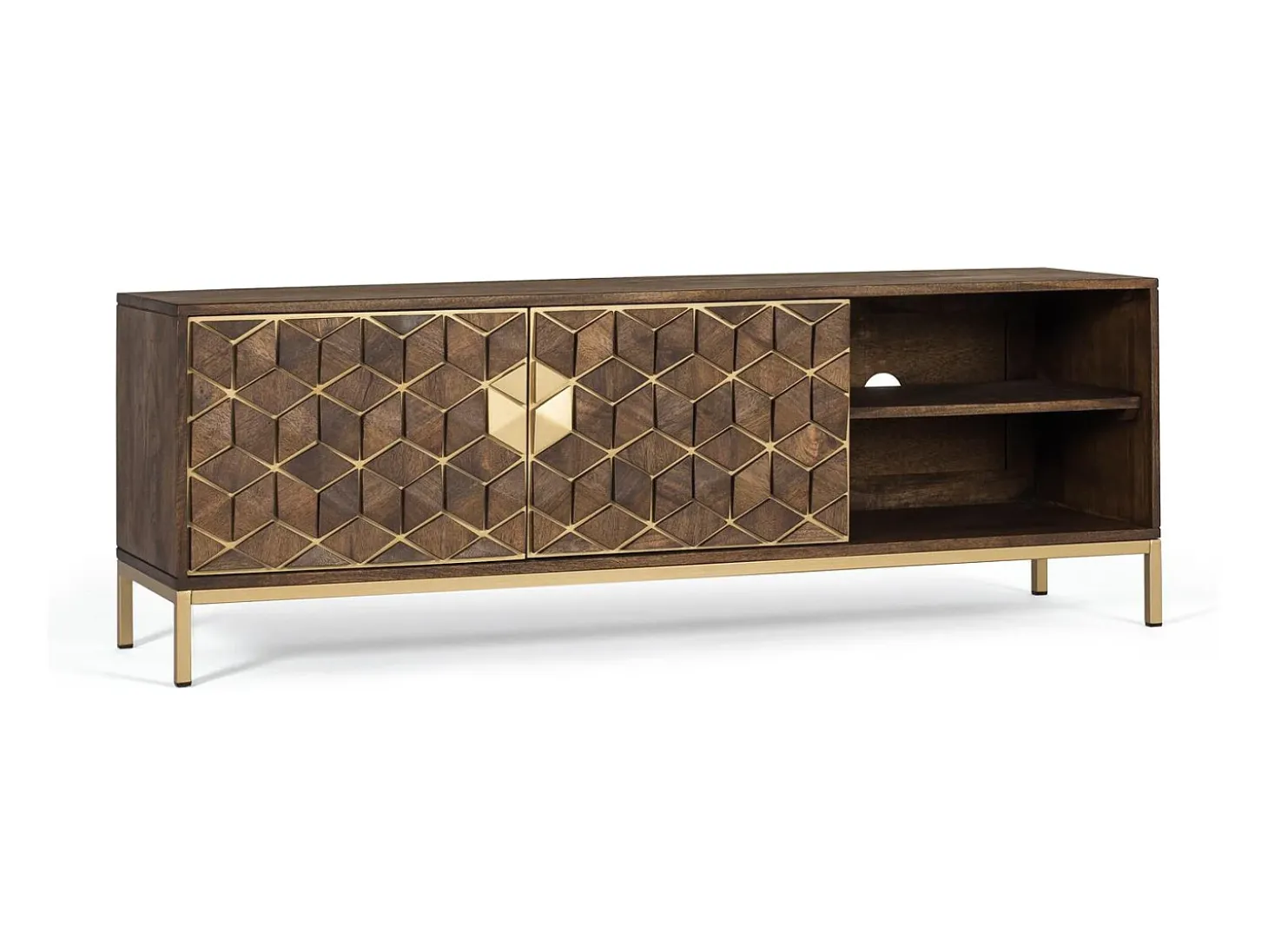 Mueble tv en madera de mango y detalles dorados