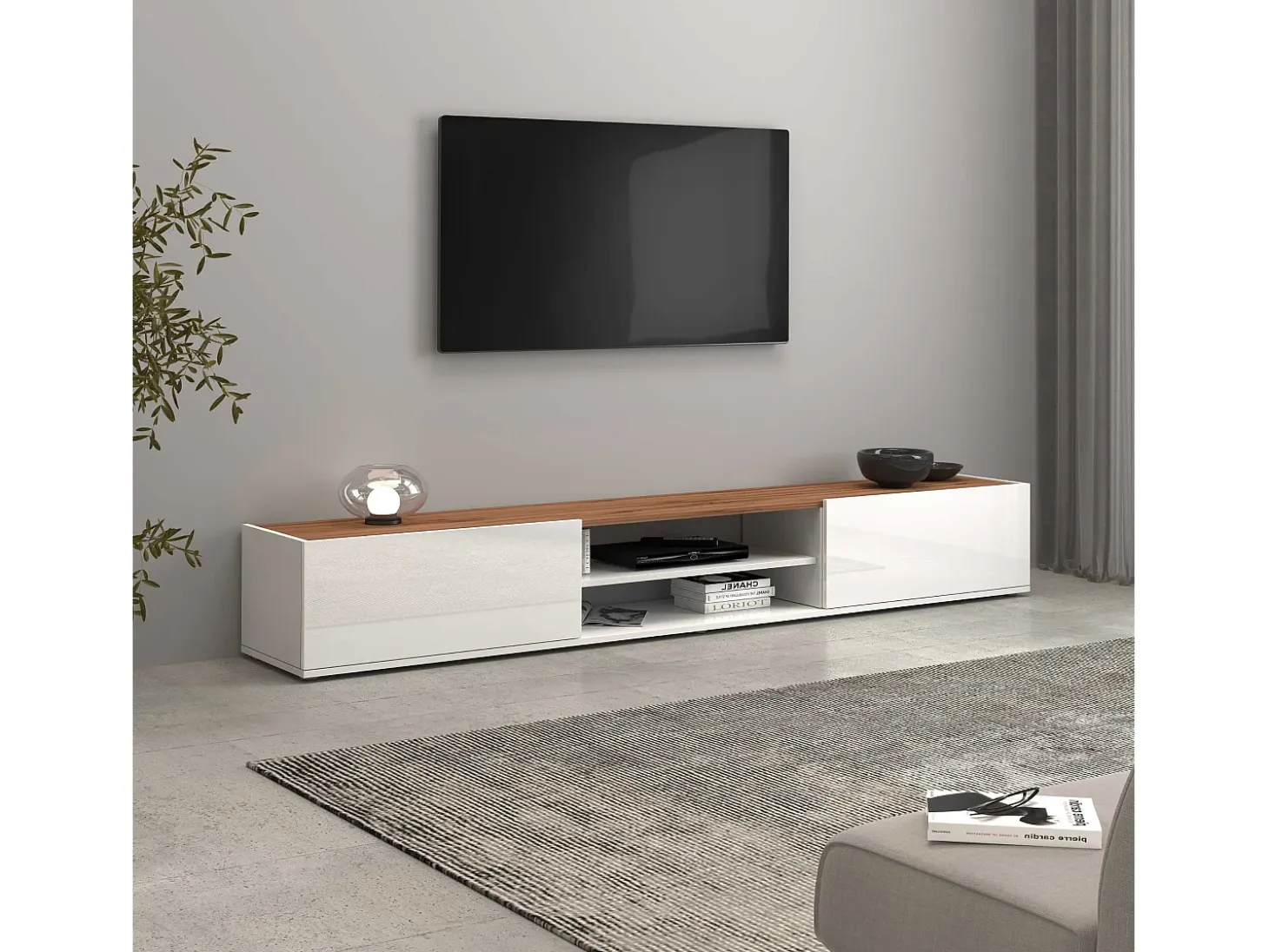 Mueble TV Garda con 2 puertas y 1 estante central blanco brillo y roble 210x35x30 cm