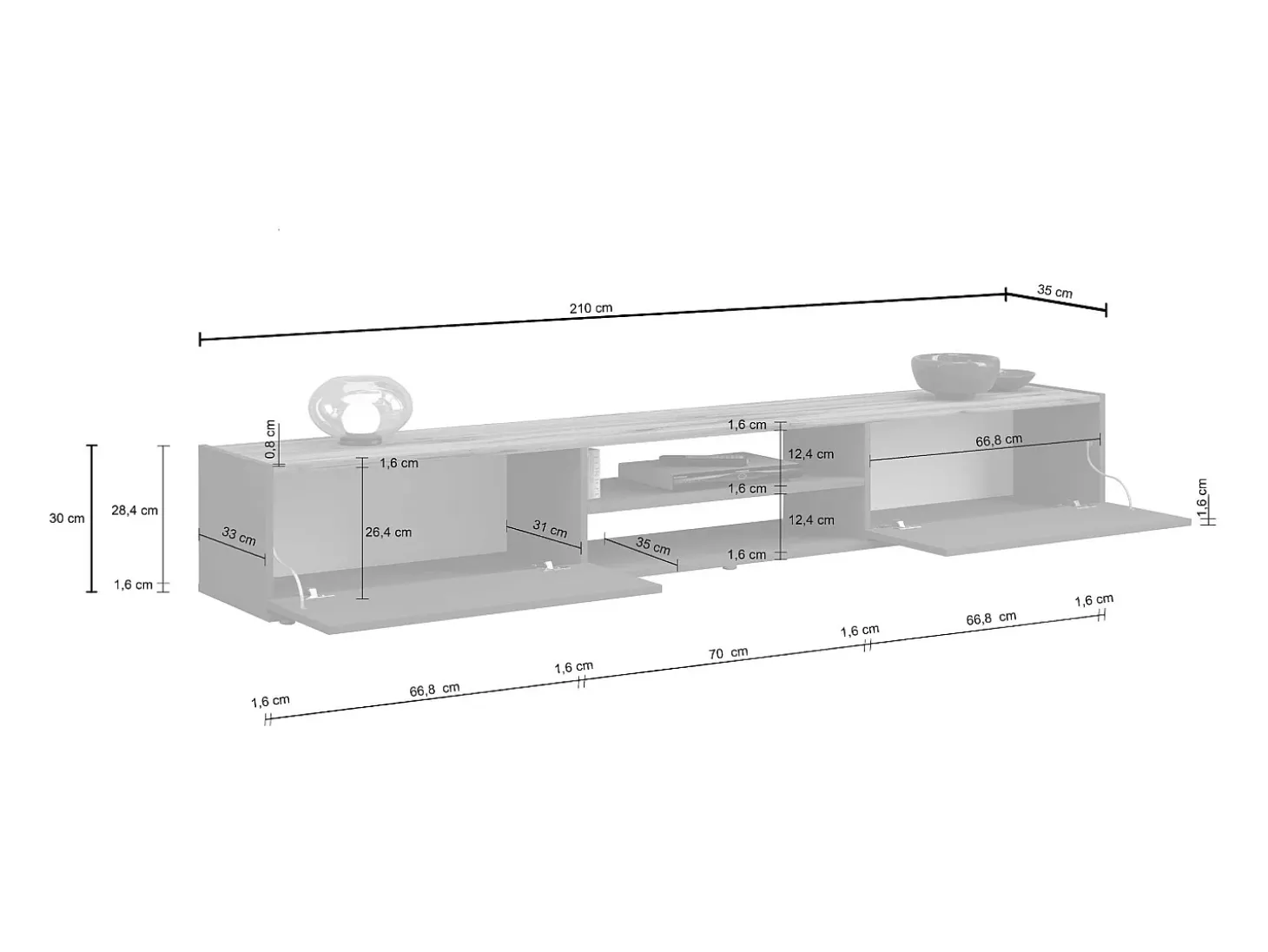 Mueble TV Garda con 2 puertas y 1 estante central blanco brillo y roble 210x35x30 cm