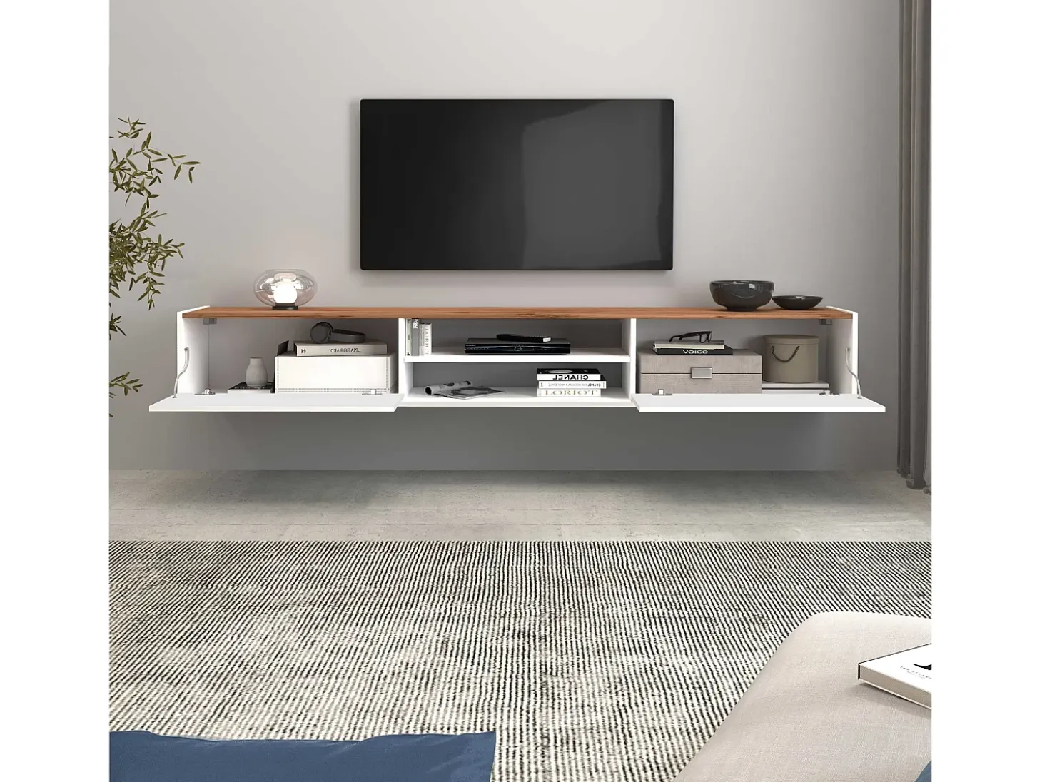 Mueble TV Garda con 2 puertas y 1 estante central blanco brillo y roble 210x35x30 cm
